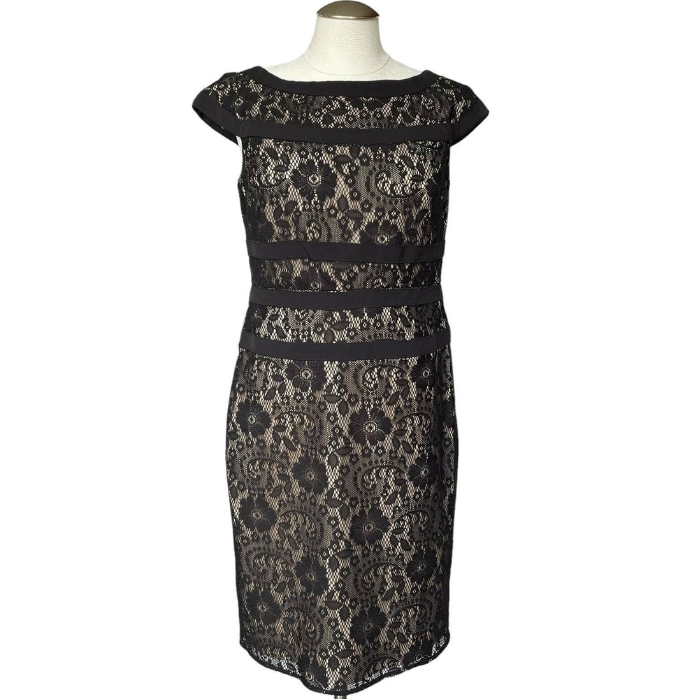 Adrianna Papell Womens Black Lace Cap Sleeve‎ Sheath Dress 8 Knee Length Evening